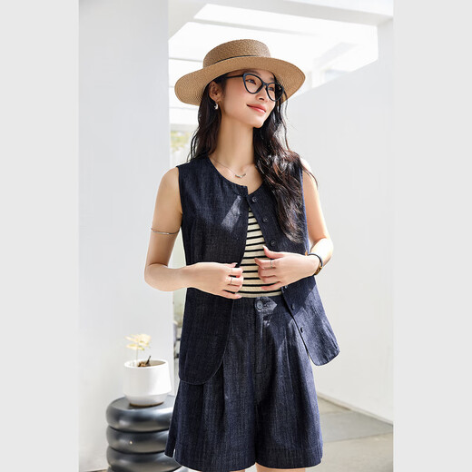 
Vanciman old Qianfeng dark blue denim suit for women 2025 summer new sleeveless top shorts two-piece set M9767 dark denim blue L