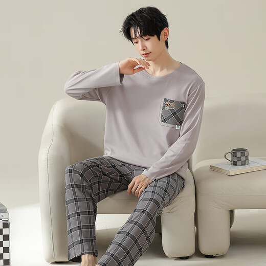 
Yu Zhaolin's new men's pajamas autumn and winter 100-skinny comfortable round neck pullover long sleeve trousers home clothing set casual and can be worn outside 16778 L 170/L