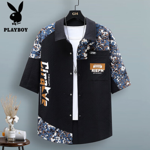 花花公子（PLAYBOY）泡泡纱冰感短袖衬衫男士夏季薄款速干凉感青少年拼色工装衬衣外套 旗舰官方精品】LH-TZ686套装黑色 XL