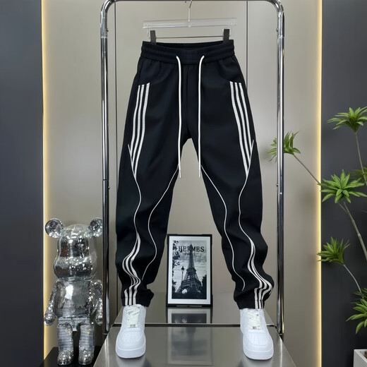 斐帝森猛哥哥裤子男士夏季薄款条纹休闲哈伦裤男生宽松潮流百搭束脚男裤 683黑色 （夏季薄款） 34 （建议160-170斤）