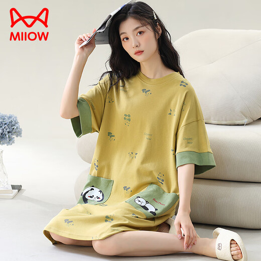 猫人（MiiOW）睡裙女夏季纯棉短袖中长款胖mm睡衣女加肥加大码200斤薄款家居服 F-6626 5XL (190-210斤)