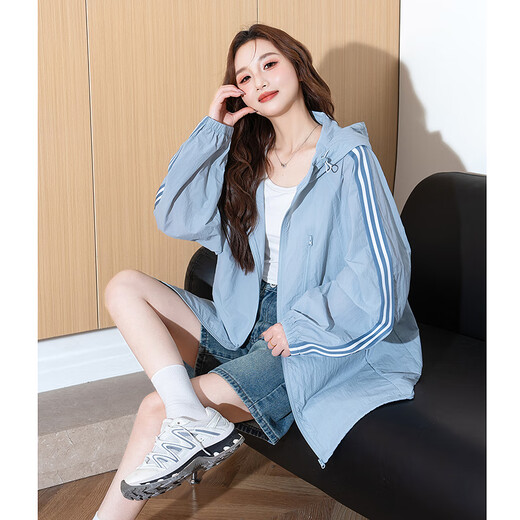 TonLion 2025 Sommer Damen-Jacke mit Kapuze, kontrastfarbenes Band, atmungsaktiv, lässig, gestreift