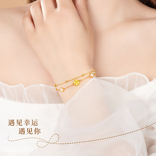 周大金 CHOW TAI KING黄金四叶草手链女生轻奢孔雀石手饰七夕情人节礼物送女友生日礼物 黄金999足金四叶草手链（附加仓次日达）