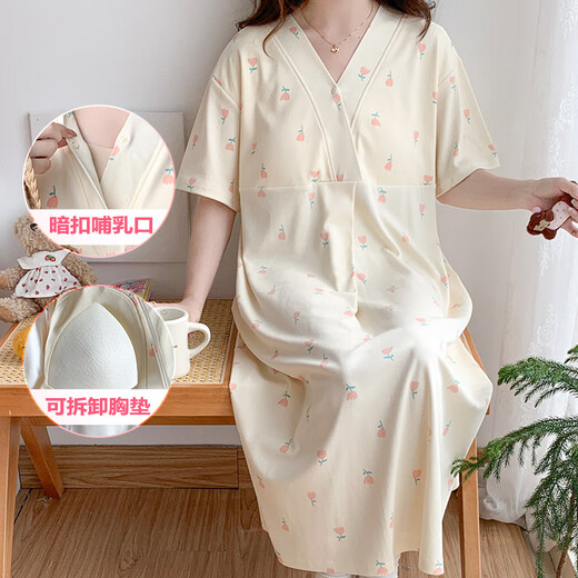 欧鹿汐夏天哺乳睡裙短袖产妇月子服带胸垫大码孕妇睡衣长款待产裙喂奶衣 SSY16803 XL码建议体重120-135斤