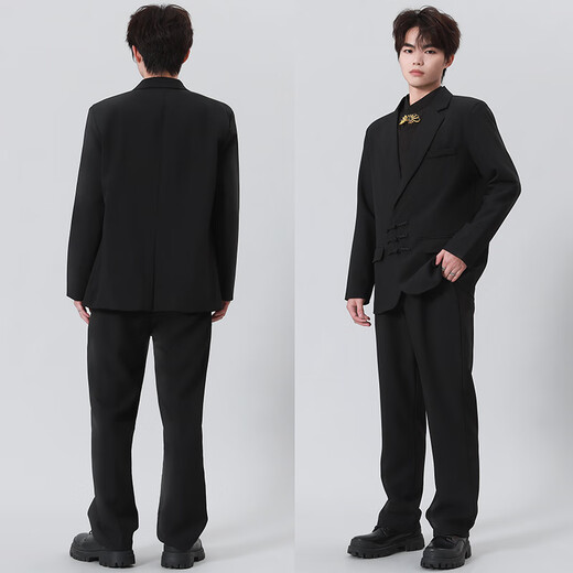 GOKU new Chinese style plate button suit suit for men Chinese style engagement wedding groom Chinese tunic dress Tang suit suit men black suit + shirt + pants 5XL recommended weight 190-200Jin Jin equals 0.5 kg