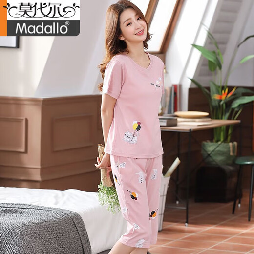 莫代尔100%纯棉睡衣女夏季短袖七分裤两件套装宽松大码可外穿家居服 短袖七分裤:LG6623 M 建议70-95斤穿