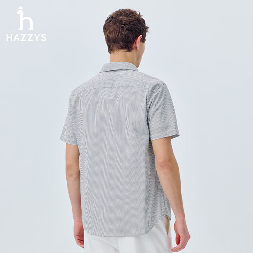 HAZZYS Men's Summer Men's Shirt Classic Striped Seersucker Short-Sleeved Shirt Men's ATCZK1CBK51 Navy Blue NV L (175/96A 48)