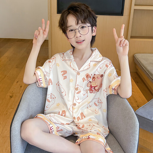 Nezha Ao Bing Bings Pajamas Summer Sail Silk Silk Manga corta Estilo delgado 2025 NUEVO BIÑO PEQUEÑO Ropa para el hogar Juego de seda de nieve de Ice Jy 6636 Kapibala 120 Niños intermedios 12 Altura de tamaño 115-125cm48jin [Jin equivale a 0.5 kilogramo]