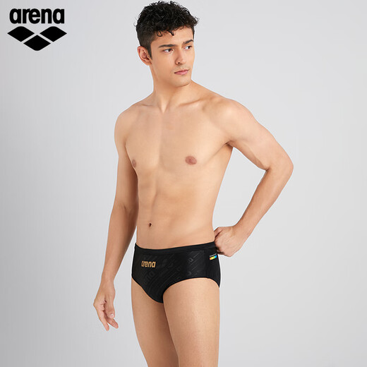 Arena's 25th new men's swimming trunks, black elastic fabric, high elasticity, anti-chlorine, comfortable and close-fitting, high hip triangle men's swimming trunks, black (BK01) L