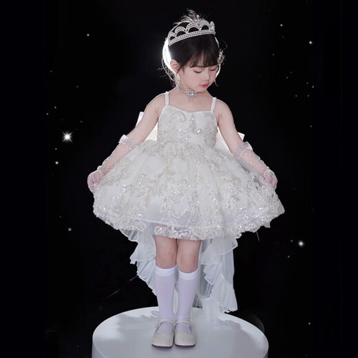 FANCYCHIC Girls Music Box Princess Dress Lolita Wedding Dress with Tail Birthday Dress Zhao Lusi Same Style Children's Dress Music Box White Suspender Dress + Trail + Crown 130