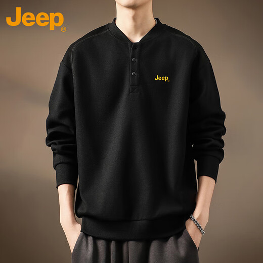 Jeep (JEEP) sweatshirt men's spring and autumn long-sleeved casual bottoming shirt Henry collar loose top T-shirt men's black 4XL