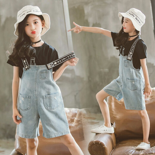 Liumang Beibei Girls Suit 2020 Summer New Children's Short-Sleeved T-shirt Denim Bib Shorts Two-piece Set for Big Children Summer Little Girls Trendy Clothes Fashionable Primary School Students Casual Suit Black 150 Size Recommended Height Around 140cm