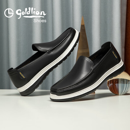Goldlion Men's Shoes Shopping Mall Same Style Leather Shoes Light Cushioning Breathable Sleeve Business Casual Shoes G255410134AAB Black 41