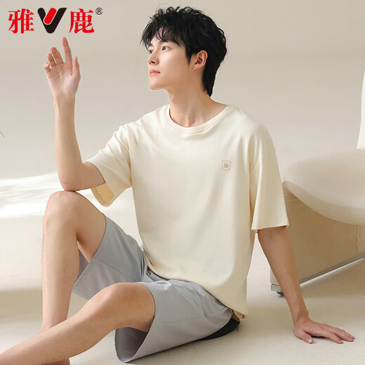 雅鹿男士睡衣男纯棉夏季薄款短袖全棉可外穿休闲大码男生家居服套装 42m13601 4XL  推荐体重180-200斤