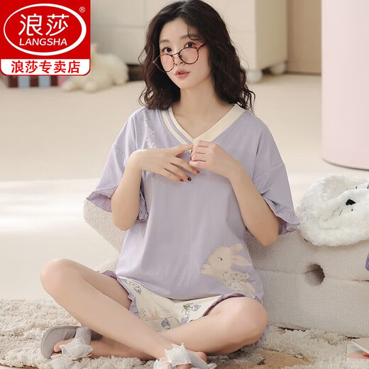 Langsha Brand Pajamas para mujeres en verano algodón puro algodón delgado pantalones cortos de manga corta dibujos animados de conejo blanco