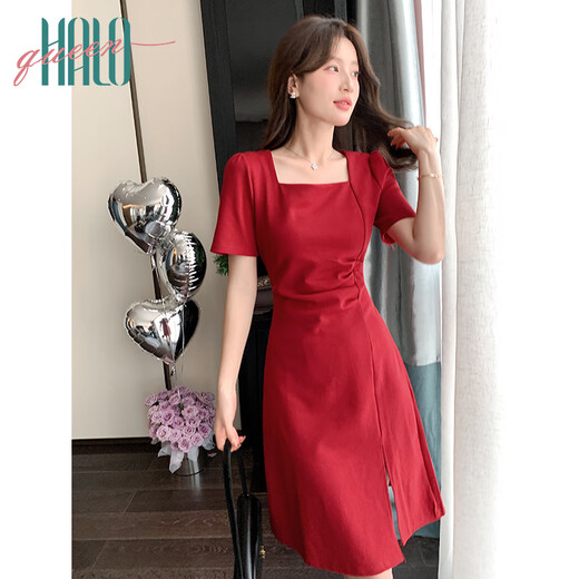 
Halo Queen red short-sleeved dress for women summer French square collar engagement dress vacation red skirt H52Q024