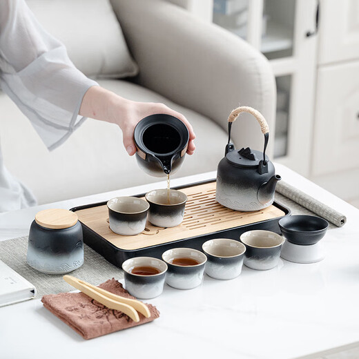 Jinpan Travel Tea Set with Tea Tray Outdoor Portable Ceramic Storage Bag Complete Kung Fu Tea Set Men’s Hand Gift Gradient Lift Pot Set Gray Leather Bag