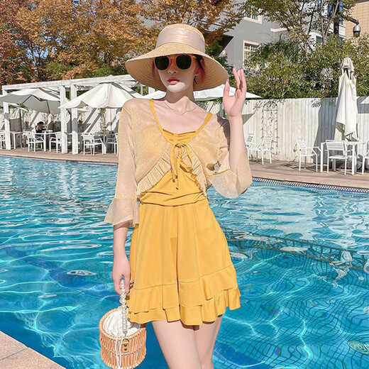 Yuyaman one-piece swimsuit for women in hot springs with blouse, two-piece skirt style, conservative belly covering, slimming, sun protection, beach vacation, yellow with blouse, one size fits all