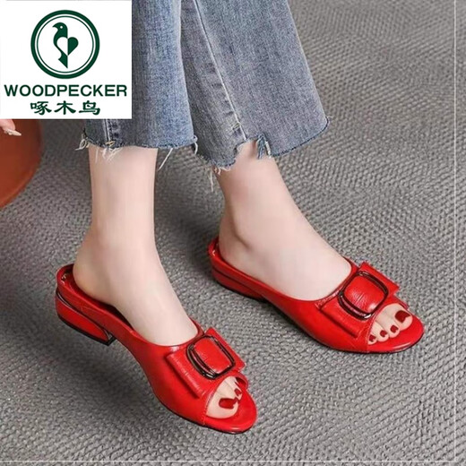 Woodpecker brand leather slippers for women 2025 spring and autumn new style soft leather fish-mouth sandals versatile flat-soled single-line sandals red 37