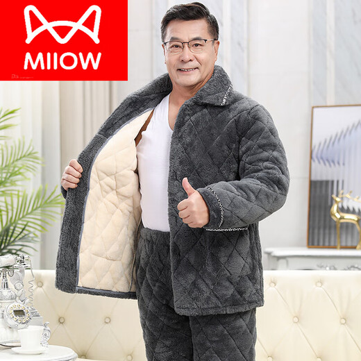 猫人（MiiOW）男士睡衣秋冬季三层加厚加绒珊瑚绒夹棉保暖中老年爸爸家居服套装 C9921#黑灰色男【长毛绒】 2XL 3层,(145 165斤)三层加厚