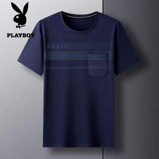 花花公子;PLAYBOY中年男士短袖T恤夏季汗衫宽松休闲圆领口袋上衣中老年爸爸夏装男 TC-短袖-693藏青 2XL 180/2XL/155-175斤
