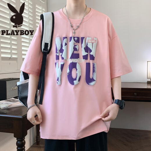 花花公子（PLAYBOY）发泡字母印花短袖男夏季休闲宽松五分半袖t恤男青少年情侣款体恤T LF5012黑色 M 约85~110斤可穿