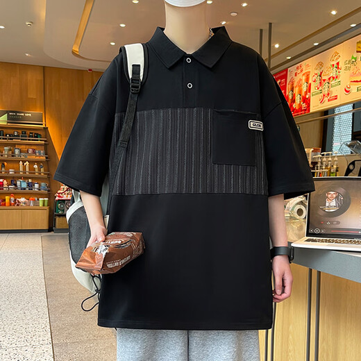 龙桃子落肩袖polo衫男短袖t恤夏季2025新款拼接半袖体恤潮流休闲上衣服 PL983浅灰 M 约90~110斤可穿