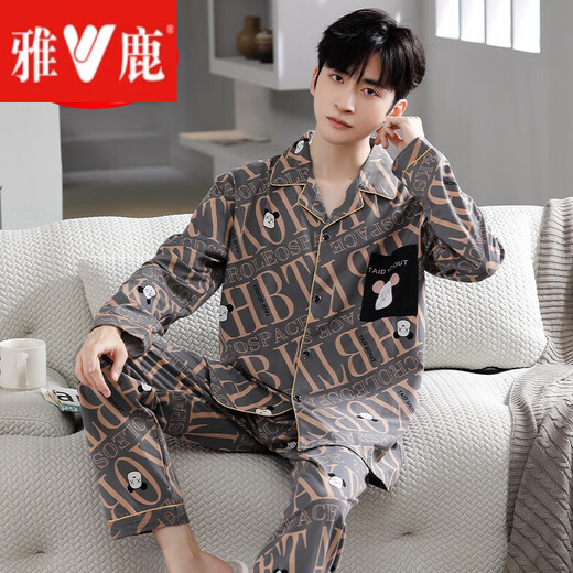 雅鹿睡衣男士春秋季长袖青少年休闲卡通薄款家居服夏天大码学生套装冬 9927:卡通口袋 L