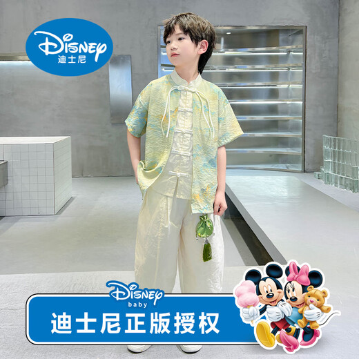 迪士尼（Disney）儿童装男童夏季汉服套装2025新款古风夏装短袖唐装男孩中国风潮装 绿色 时尚休闲 120