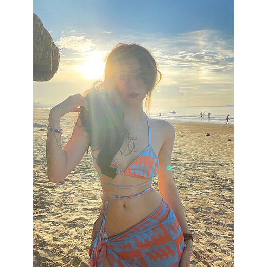 CEENIU Swimsuit Women's Bikini Summer Covers Flesh, Looks Thin and Sexy Pure Lust Style Internet Celebrity Style Split Three-piece Set Sanya Holiday Style Orange Blue (Three-piece Set) L Recommendation 100-115