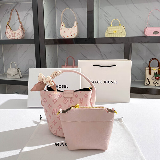 彼岸鸟礼物轻奢真皮包包女包粉色印花水桶包大容量单肩包斜挎包通勤 粉色