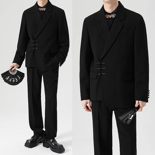 GOKU new Chinese style plate button suit suit for men Chinese style engagement wedding groom Chinese tunic dress Tang suit suit men black suit + shirt + pants 5XL recommended weight 190-200Jin Jin equals 0.5 kg