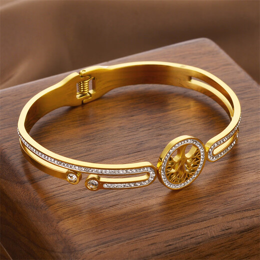 出极老凤凰金店金色手镯不掉色锆石镶钻小众设计简约感手镯手环卡家 9928-金色
