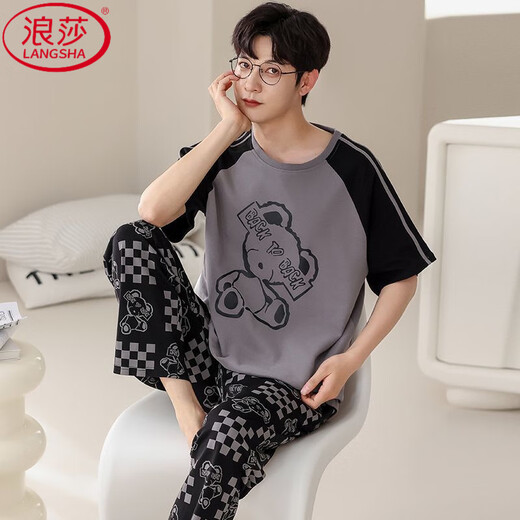 浪莎（LangSha）腊肠狗睡衣男夏季纯棉短袖长裤薄款青少年卡通学生家居服套装男 旗舰店-684初高中生夏季睡衣 L