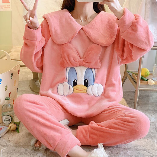 FHHUABD睡衣女秋冬季法兰绒韩版甜美卡通公主风家居服珊瑚绒加厚保暖套装 【9934绒】粉色蝴蝶结 M