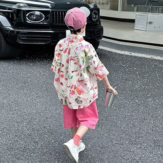 G.Duck Blumenhemd Jungen Sommer Thin Hong Kong Style Seaside Casual Kurzärmelig-Urlaub Retro-Shirt Trend mittelgroße Kinderjacke 6621 Pink Shirt Single Piece 140