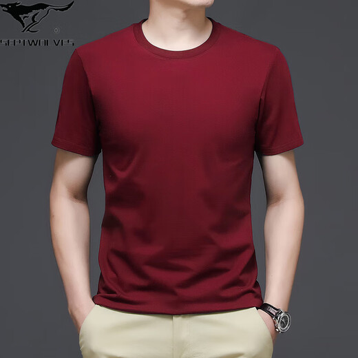 Septwolves (Septwolves) Red Summer Pure Cotton Cott-Shirt T-Shirt Herren-halbärmelige lose T-Shirt-Basis-Hemd im mittleren Alter im mittleren Alter der Männer mit dem neuen Herrenburgund 7018 L geeignet für 120-140jin [Jin gleich 0,5 kg]