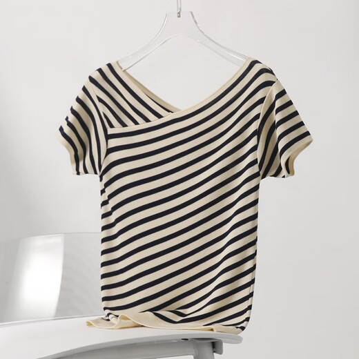 Pier Cardin French striped short-sleeved T-shirt for women in summer 2025 new loose slim v-neck thin knit sweater ice silk top DX829# striped color S recommended 85-99Jin [Jin equals 0.5 kg]