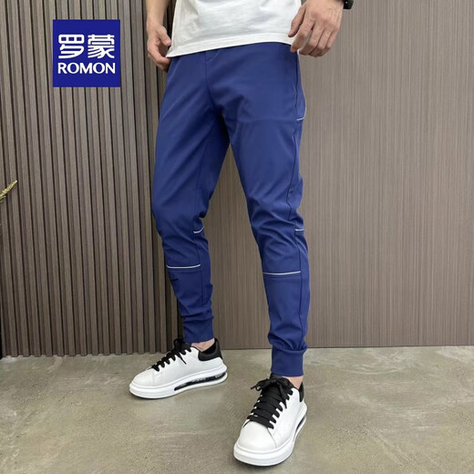 罗蒙（ROMON）2025春秋速干小脚九分休闲裤男刺绣黑色反光条运动修身束脚哈伦裤 黑色 28 (80-95斤)