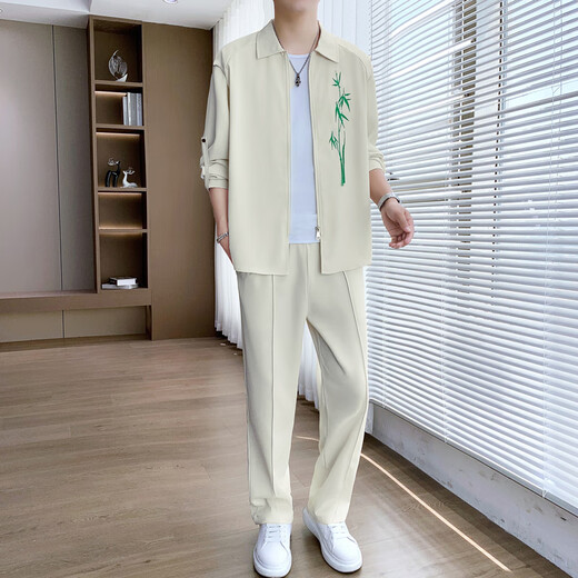 AEMAPE fashion trendy shirt men's summer suit light and handsome match with business casual slim trousers men's suit 718 meters white (seven-quarter sleeves) 3XL Recommended 160-175 Jin [Jin equals 0.5 kg]