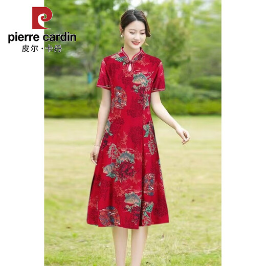 皮尔卡丹旗袍女中长款夏季女装2025新款中年妈妈短袖旗袍裙改良复古连衣裙 698红色 3XL 建议125-136斤