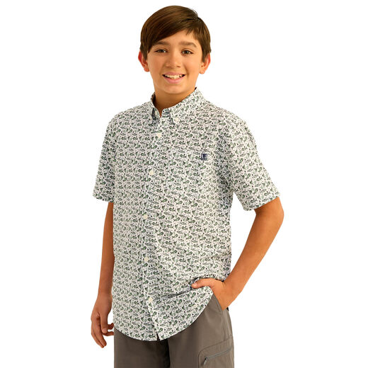 HUK unisex children's Kona pattern short-sleeved fishing button-down shirt white XS