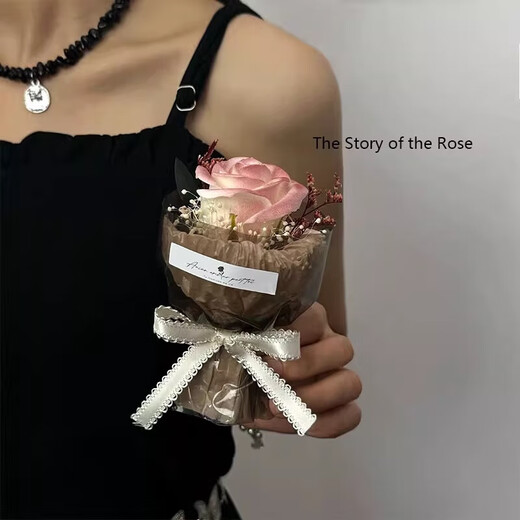 迷你口袋见面小花束玫瑰向日葵永生花仿真花伴手礼生日女神节礼物 小花束-棕色+粉玫瑰 1支