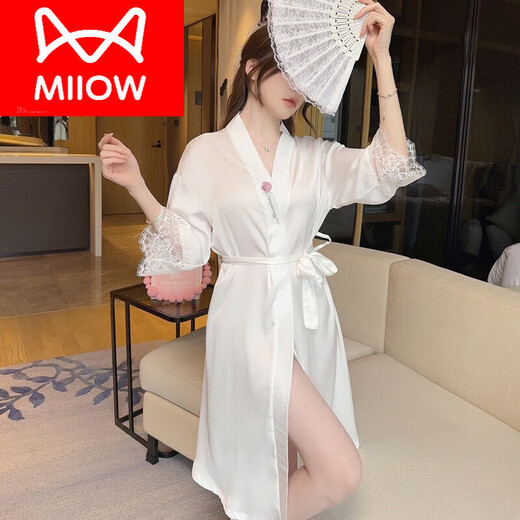猫人（MiiOW）2024新款睡裙女春秋夏季冰丝睡衣女士性感浴袍白色晨袍蕾丝家居服 682白色 M 165 80 95斤