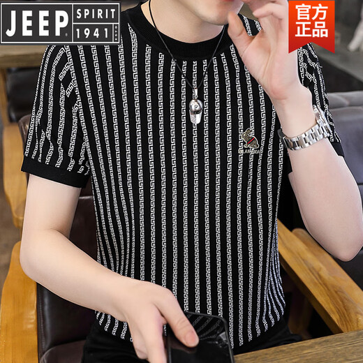 JEEP高档条纹短袖t恤夏季高端潮牌休闲半袖T恤冰丝透气欧货男装上衣男 B黑色6623 1-6-58 M