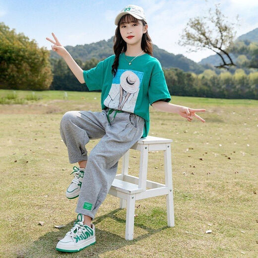 G.duck女童夏装套装时尚洋气儿童女大童夏季12到15岁时髦女孩两件套夏款 白色 上衣+灰色裤子674 130