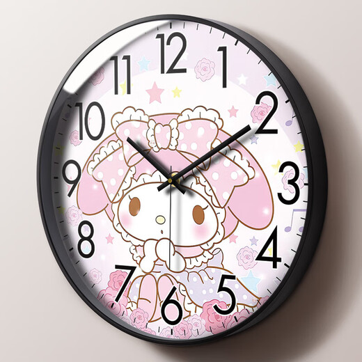 Hualeji cartoon Melody children's wall clock princess room girl bedroom mute wall clock home early education clock living room clock XBK1421 black needle black frame 10 inches