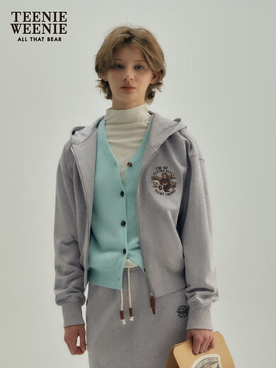 Teenie Weenie Bear Women's Spring Simple Style Short Zipper Hooded Sweatshirt Cardigan American Jacket Women's Medium Gray XS (155)