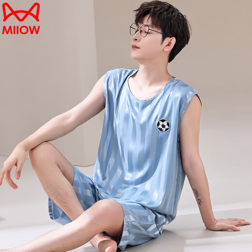 Catman (Miiow) Pyjama Herren-Weste ärmellose Shorts Zwei-teiliger Anzug Sommer Dünner Eis Seide Kühlt trockene Kugel Uniform großer Schüler [ICE Seidenhülsenanzug] Q9904 5xl Männer [200-220jin [Jin gleich 0,5 kg]]]