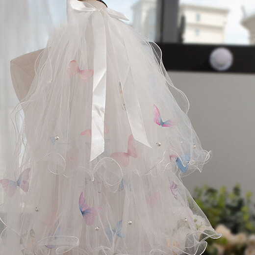 Jingli Jingda Veil Proposal Proposal Bridal Headwear Photo Confession Registration Puffing Veil Decoration White Veil Children's Veil Colorful Butterfly Veil Hair Comb